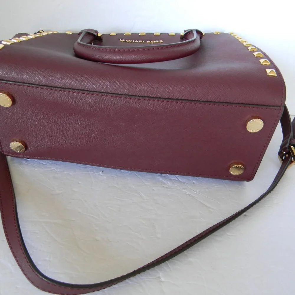 Michael Kors Selma Studded Saffiano Leather Crossbody SATCHEL BURGUNDY/WINE FALL - Picture 4 of 9